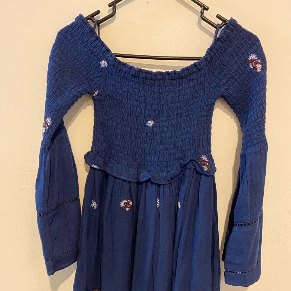 Free People Blue Counting Daisies Embroidered Off the Shoulder Dress